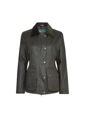Barbour Style Olive Green Waxed Cotton Utility Jacket with Cord Collar